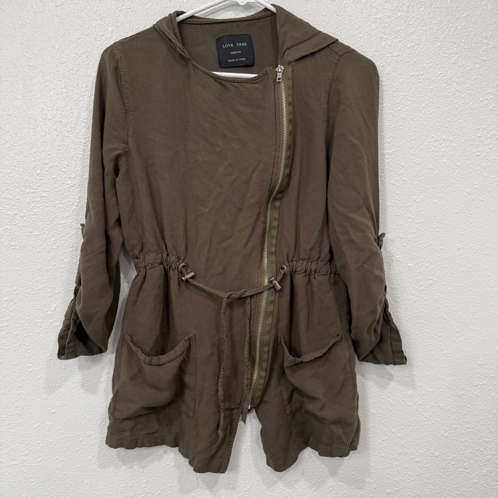 Love Tree Olive Green Hooded Utility Jacket Drawstring Waist Roll Sleeve Medium